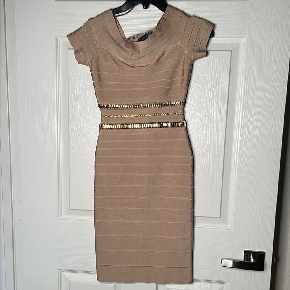 Herve Leger Marina short sleeve jeweled bandage bodycon dress